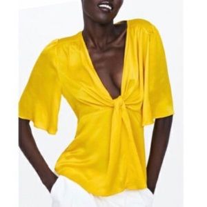 NWT Zara Golden Yellow Satin Blouse, V-Neck Tie Top w Butterfly Sleeves Sz L
